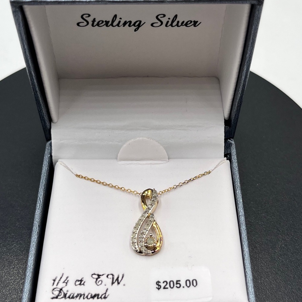 Sterling‎ silver Vermeil Natural Diamond Teardrop 1/4 CTTW Pendant Necklace NEW